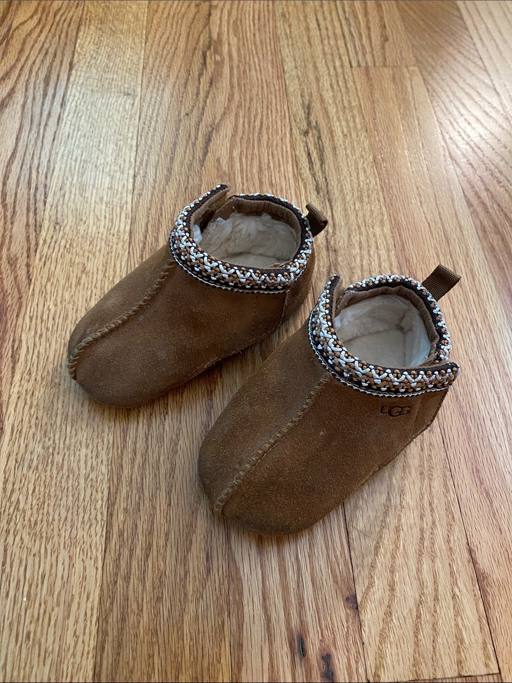 UGG Chestnut Suede Baby Slip-On Tasman Booties with Braided Cuff
